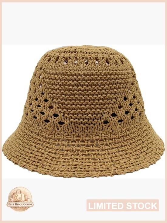 Straw Bucket Hat Women Knitted Crochet Sun Hat Packable Woven Beach Hat